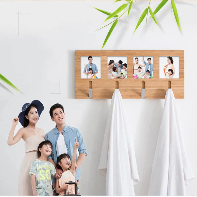  Creative nature bamboo wall hanging 4 hooks with photo frame coat bag clothes hat hook home wall de - 32906473265