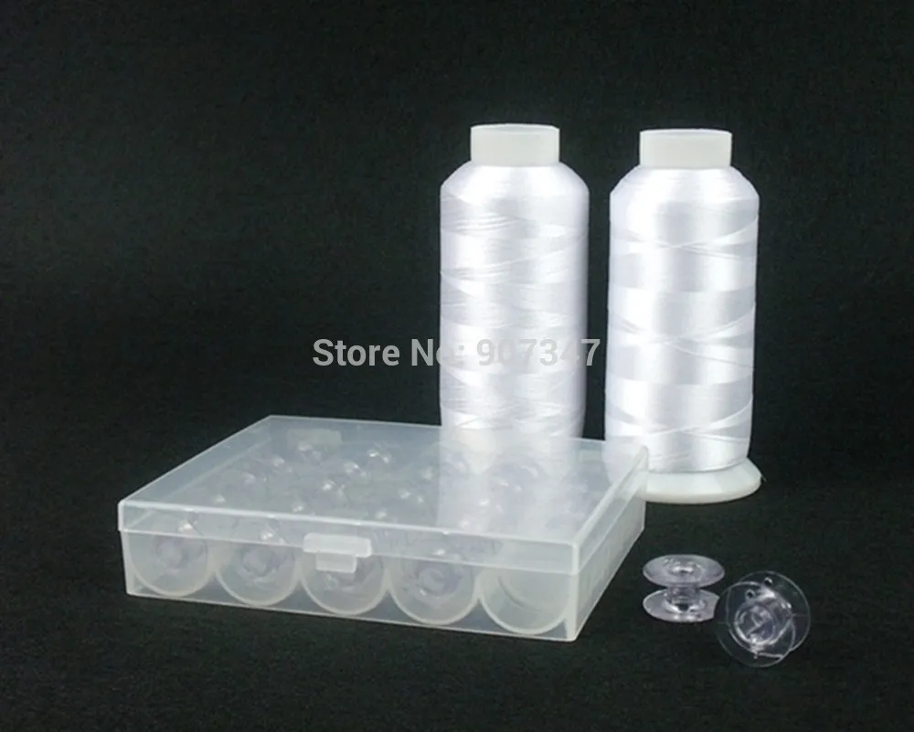 

2 Large Spools Pre-wound Bobbin Thread Filament 5000m*2, White + 25 PCS Plastic Empty Bobbin Cases With Transparent Acrylic Box