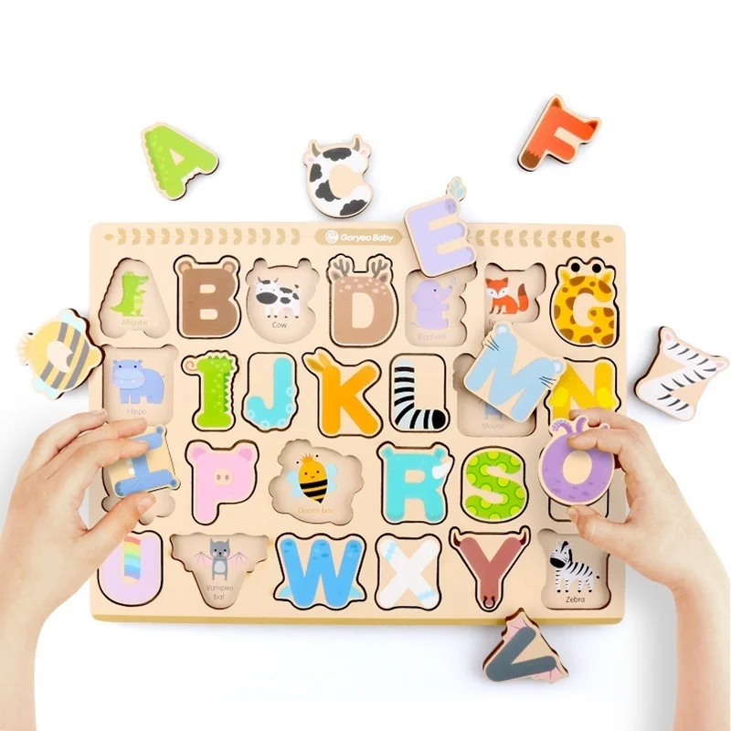 Мультфильм алфавит головоломка деревянная доска игры Tangram головоломки Дети Письмо обучения, развивающие игрушки для детей