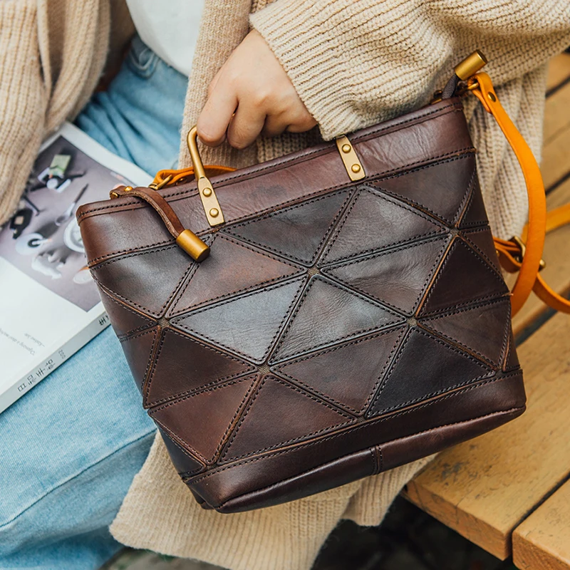 AETOO Lady Retro Literary handmade cowhide single shoulder oblique cross bag geometric stitching handbag leather dumpling bag