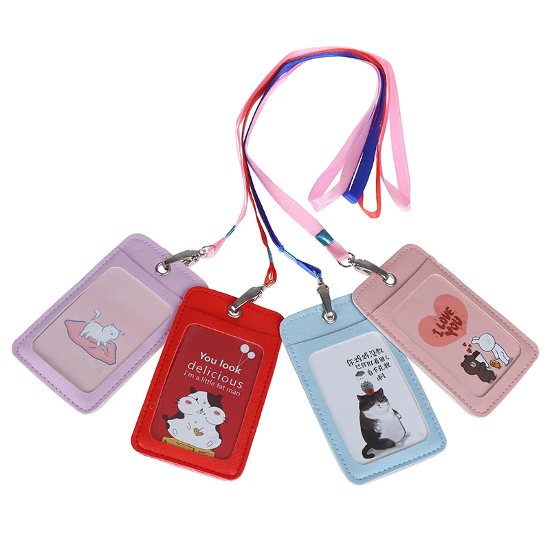 

Cards Cover Pu Leather ID Credit Bank Card Holder Students Bus Card Case Lanyard Male Visit Door Identity Badge