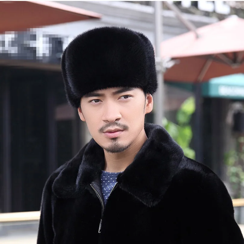 Winter Hats For Men Male Genuine Mink Fur Bomber Hats Black Gentleman