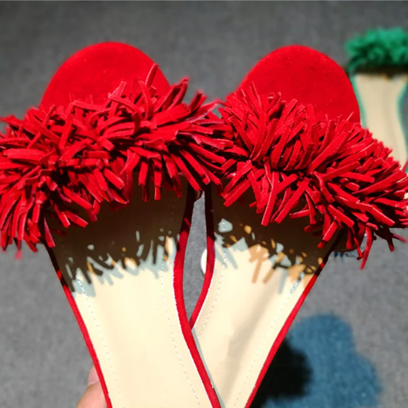 Sandalia feminina/красная бахрома женские шлепанцы летние кожаные пляжные вьетнамки сандалии-гладиаторы Роскошные туфли на плоской подошве