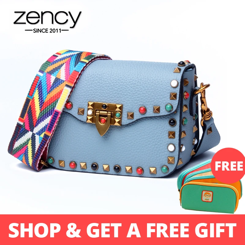 

Zency Unique Style Colorful Rivets Women Crossbody Bag 100% Genuine Leather Handbag Wide Strap Fashion Lady Shoulder Purse Brown