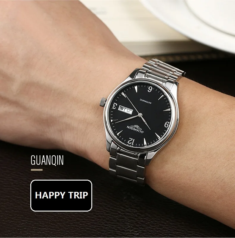 GUANQIN роскошные мужские деловые часы Лидирующий бренд автоматические часы мужские недели календарь Сапфир водонепроницаемые Модные механические часы