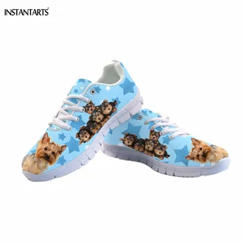 

INSTANTARTS Kawaii 3D Puppy Yorkshire Terrier Print Woman's Sneakers Lightweight Breathable Lace Up Flats Shoes Fashion Footwear
