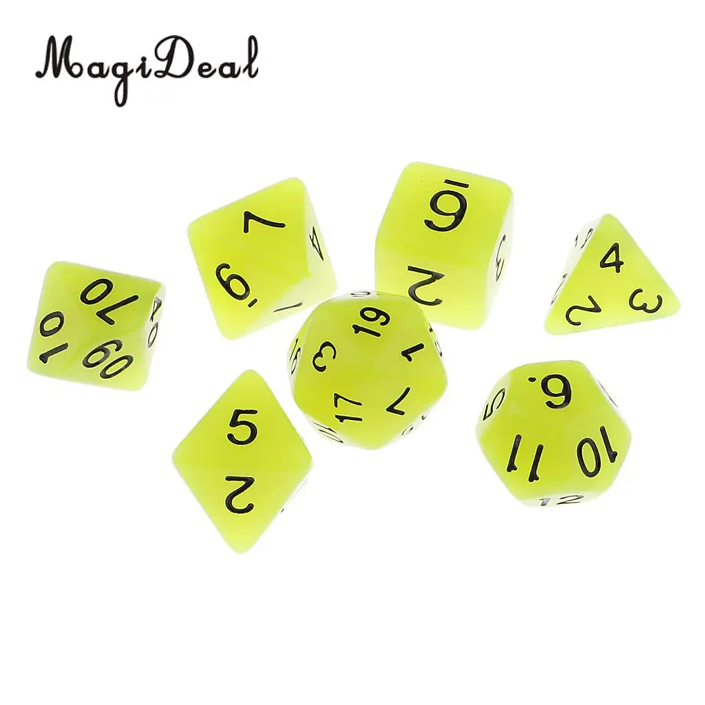MagiDeal Top Quality 7Pcs Multi-Sided Dice Glow in the Dark for D&D MTG Party Bar Card Table Game Accessory Yellow/Green Gifts