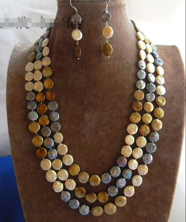 

shipping21'' 13MM Coin Coffee Black Champagne Freshwater Pearl Necklace Earring SET hot