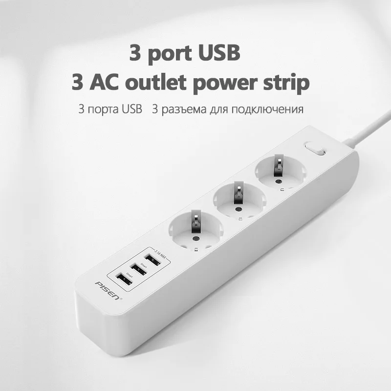 Pisen Розетка с 3 usb Сетевой Фильтр Порты и разъёмы USB розетка EU Удлинителя розетки