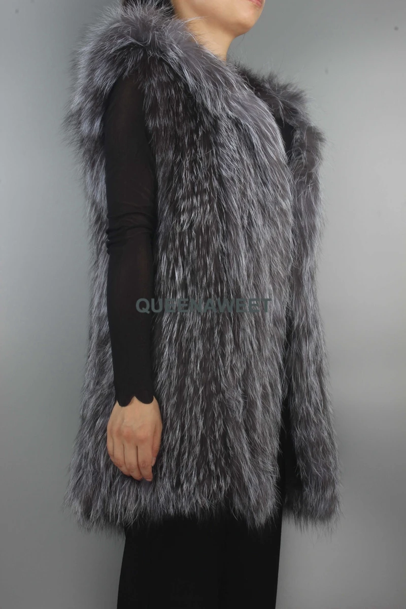 Длинный жилет из меха серебристой лисы с меховым капюшоном, натуральный вязаный мех, пальто без рукавов, женская верхняя одежда, зимняя теплая