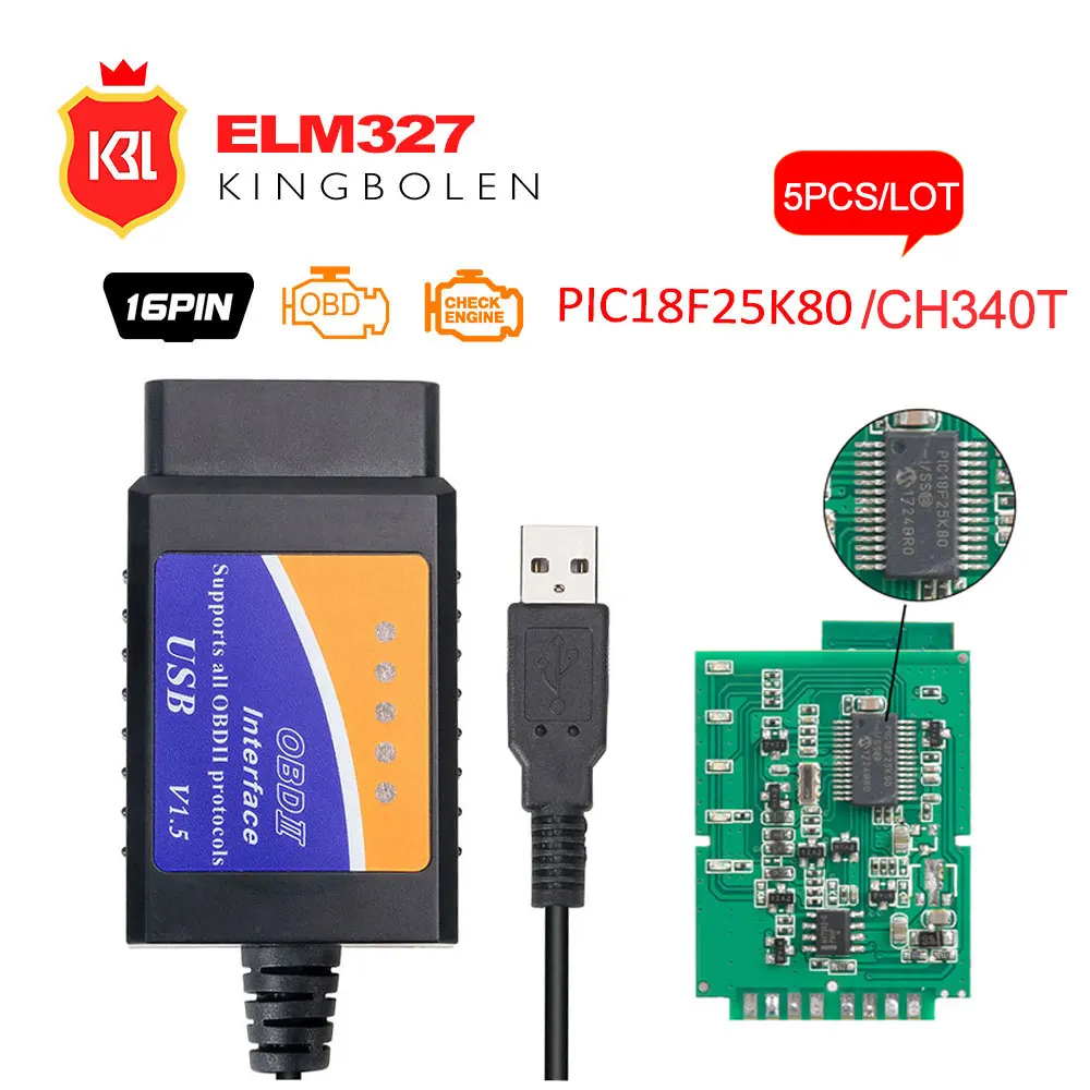 5 шт./лот Высокое качество чип ELM327 USB v1.5 OBD2 Авто диагностический сканер штрих-кода работа, украшенное мозаикой из драгоценных камней, 12v Бензин/Бензин USB ELM 327 V1.5