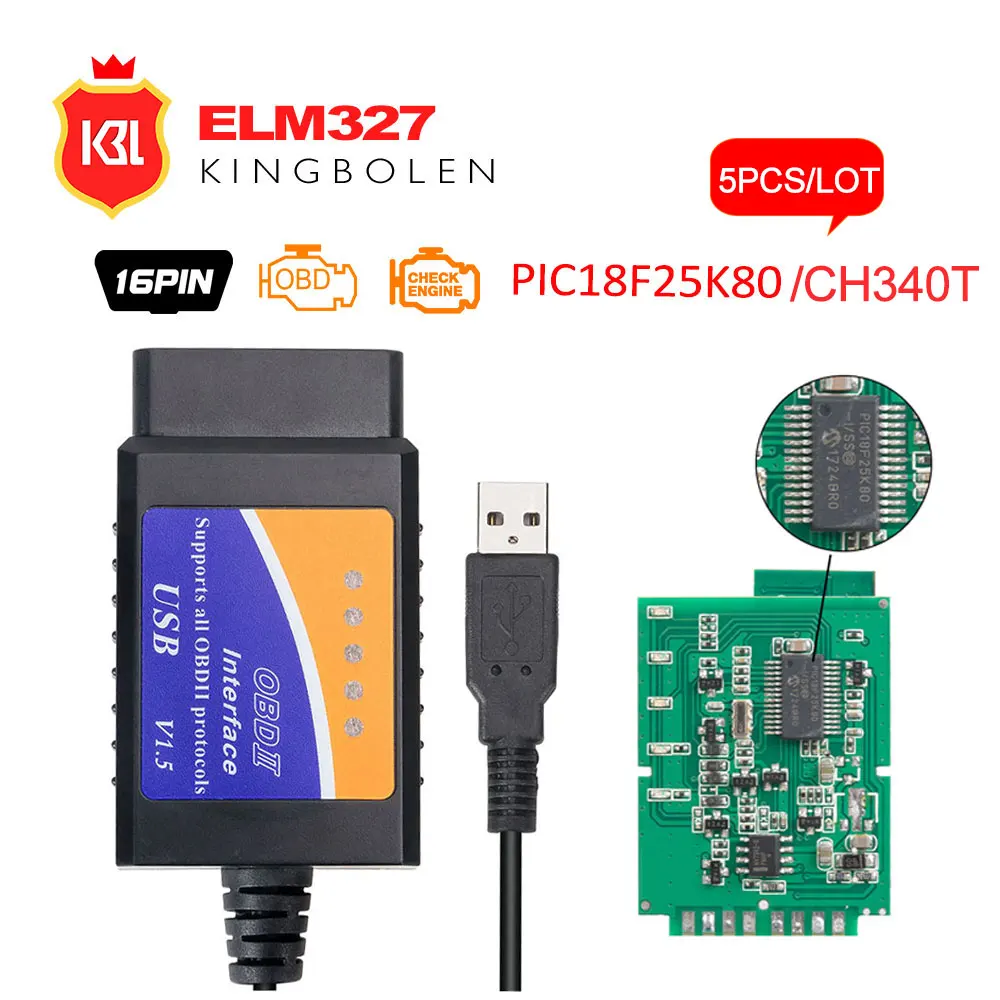 5 шт./лот качественный чип ELM327 USB v1.5 OBD2 автоматический диагностический инструмент