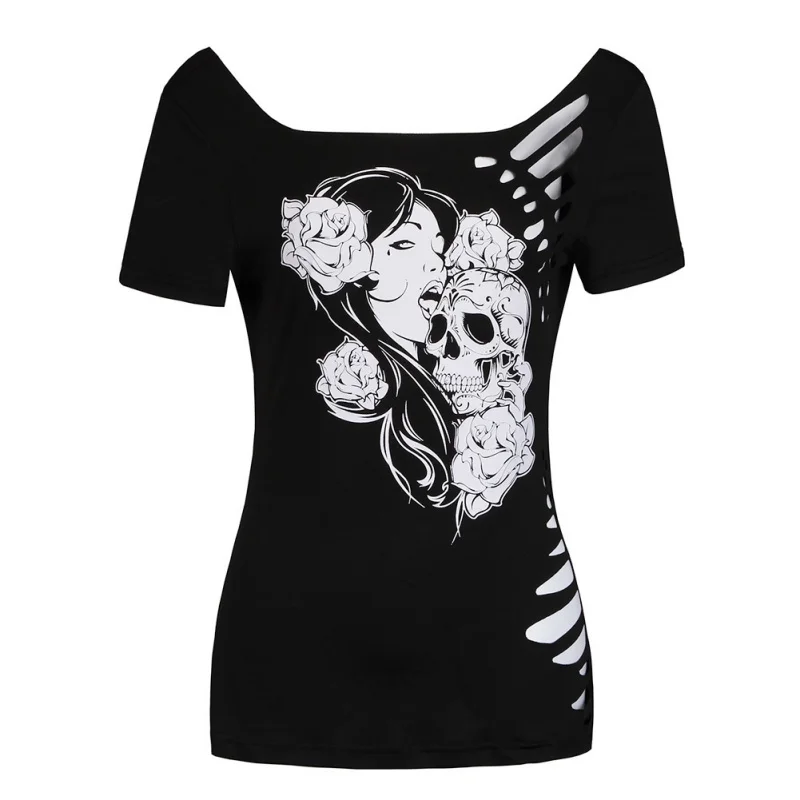 

Sexy Hollow Out Backless Tshirt Women Short Sleeve Burning Flowers Skull Printed T-shirts Femme Casual Women Top Tee Black X3