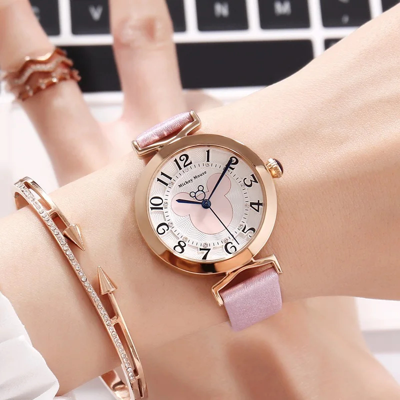 Роскошные кожаные женские наручные часы с Микки Маусом, стразы, модные повседневные кварцевые часы от ведущего бренда disney - Цвет: Розовый