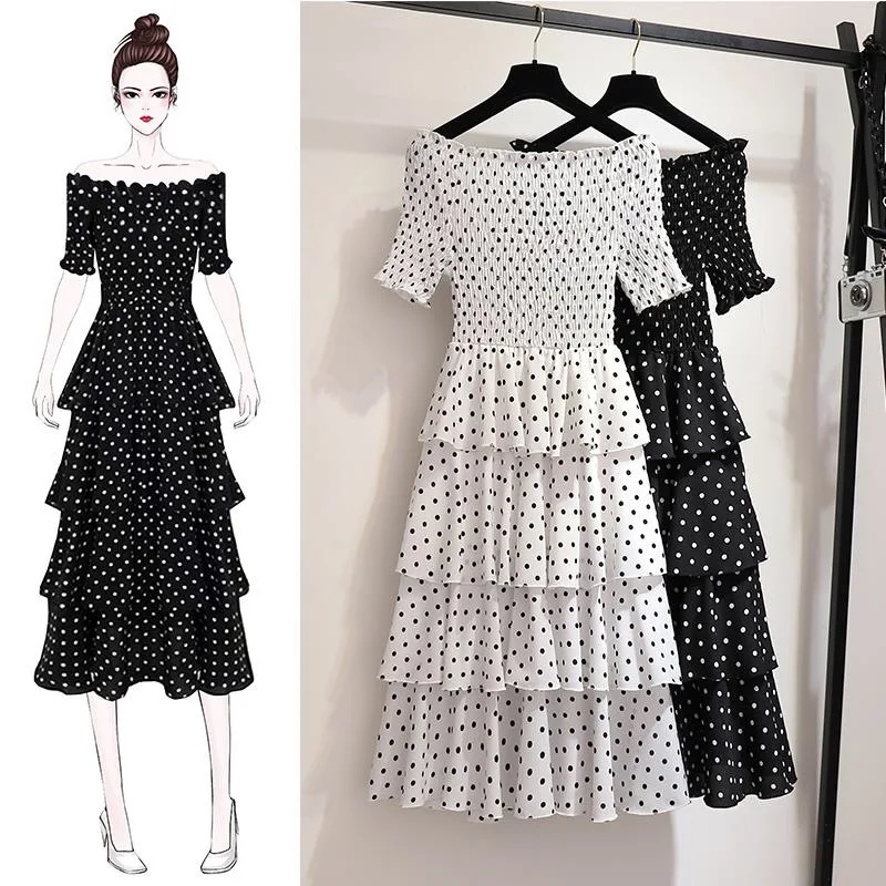 

Fashion Dot Beach Dress Summer Sundresses Multi-Layer Cupcake Maxi 4xl 5xl Plus Size Femme Women Long Dresses Vestido