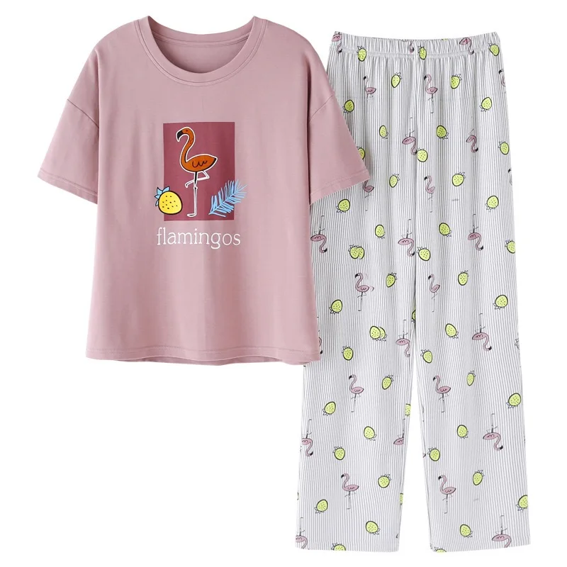 Дамский пижамный комплект из 2 предметов, летний комплект с мультяшным принтом, короткий рукав+ штаны, хлопковые тонкие милые пижамы большого размера, комплект домашней одежды