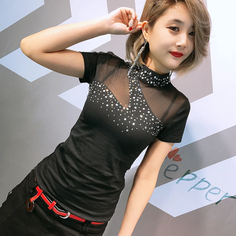 

Sexy Mesh Diamonds Tshirt Turtleneck 2019 New Spring Summer Women Short Sleeve Top Shirt Camiseta Mujer T93808