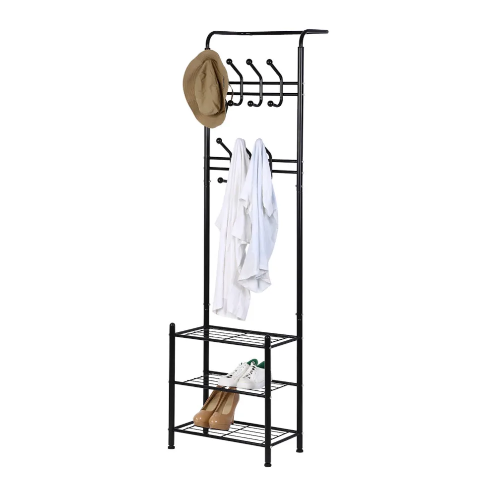 Metal Coat Hat Rack Free Standing Clothes Stand with 18 Hooks and 3
