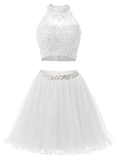 Два предмета, 1950 S, платье для выпускного вечера с высоким горлом, сексуальное, с открытой спиной, с бисером, из тюля, короткие, милые, 8 класс, выпускные платья размера плюс - Цвет: White