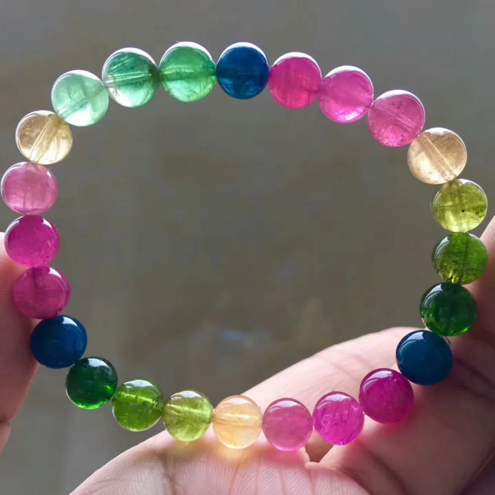 

Natural Colorful Rainbow Tourmaline Quartz Crystal 8mm Round Beads Bracelet Tourmaline Bangle Drop Shipping AAAAAA Certificate