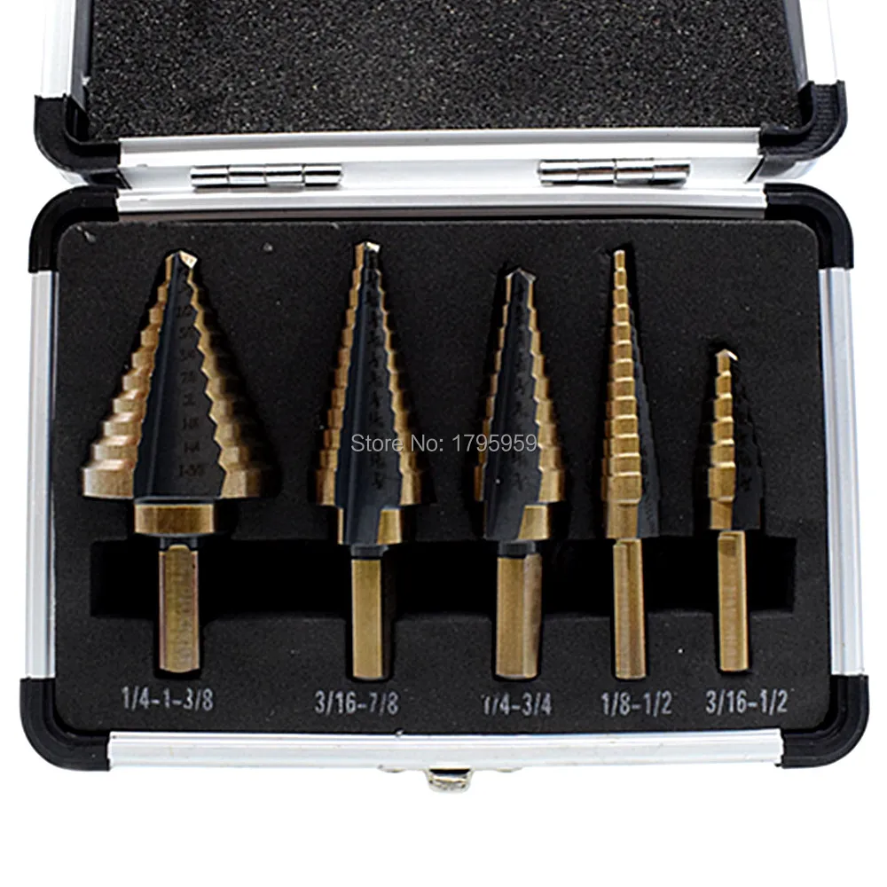 

5pc Step Drill Bit Set HSS Cobalt Multiple Hole 50 Sizes SAE Step Drills Metal Drilling Tool Core Drill Bits with Aluminum Case