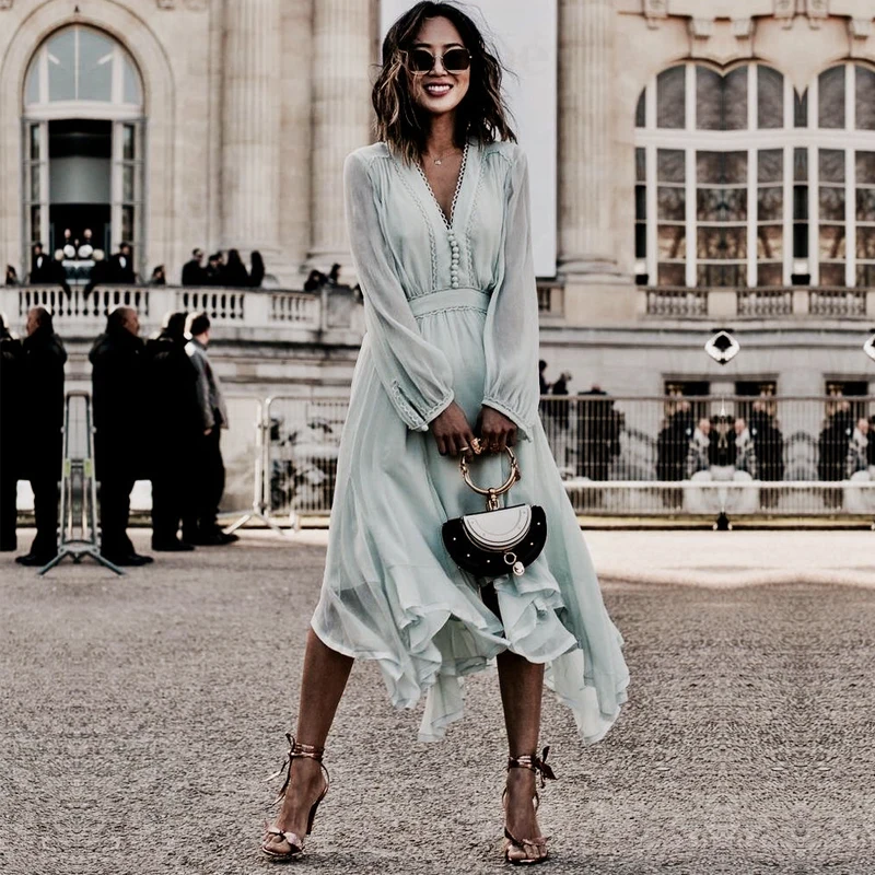 

Summer Autumn 2019 Women V Neck Midi Dress Elegant Single Breasted Long Sleeve Irregular Dress Runway Designer Vestidos Verano