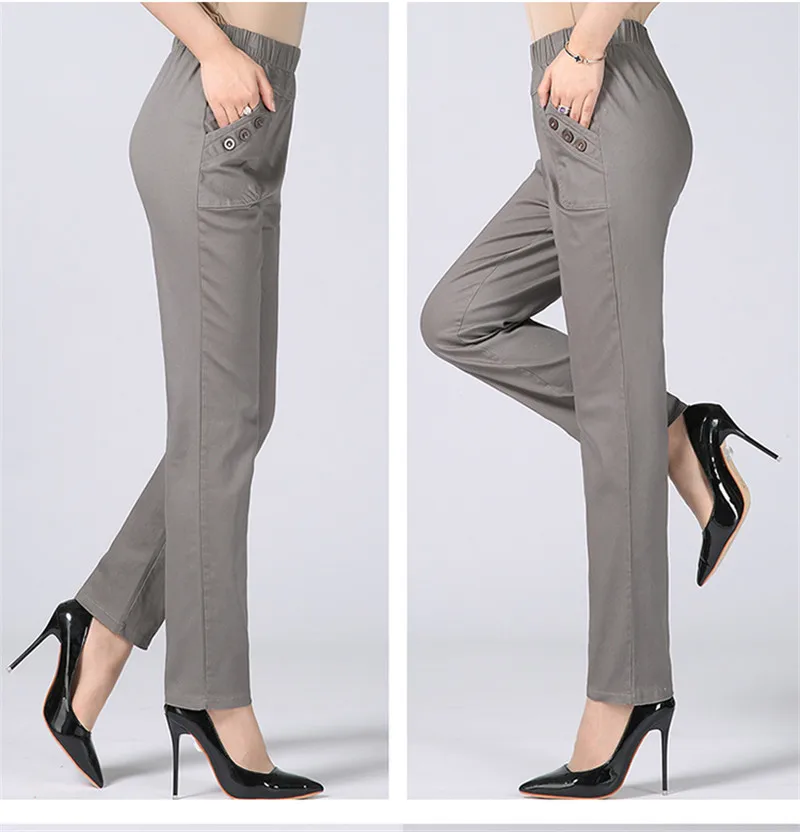 Прямые женские брюки размера плюс 5XL, повседневные Стрейчевые хлопковые брюки, женские брюки, женские офисные брюки с высокой талией, C4315