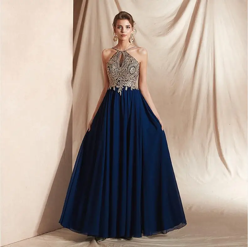 Navy Blue JaneVini изящный, темно-синий Длинные платья выпускного вечера халат de Soiree Холтер Золото комплектующие для бижутерии из шифона Формальные Вечеринка платья - Цвет: Navy Blue