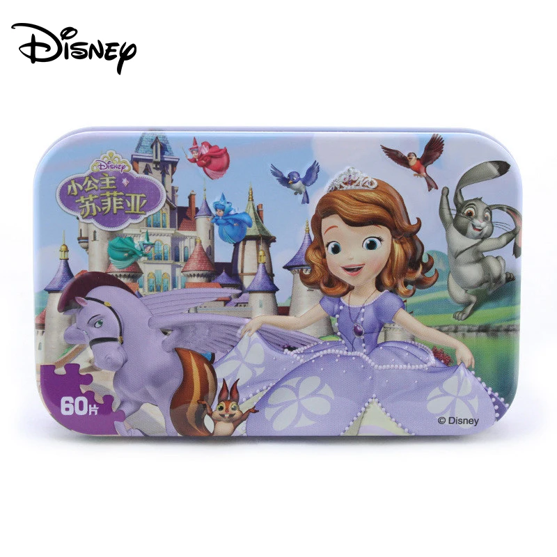 Disney Iron Box Puzzle Wooden Toys Early Learning 60 Pieces Mickey Ice Snow Princess Sophia Racing Puzzle