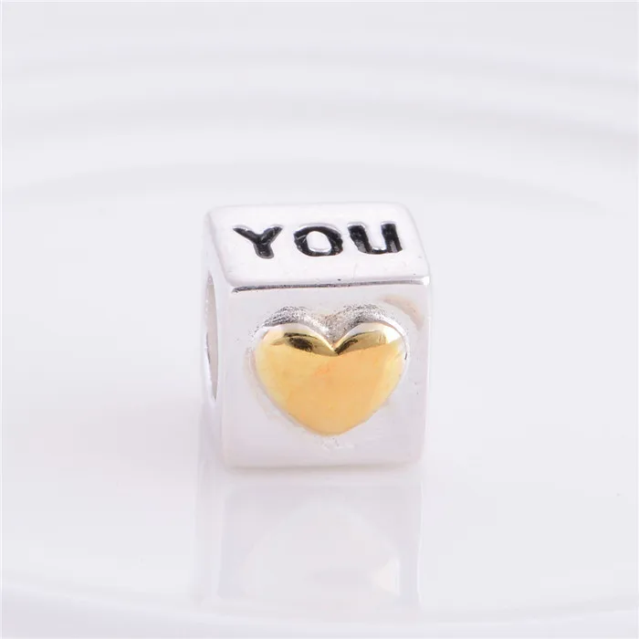 

NEW 925 Sterling Silver I Love You Square Shape Charm Beads with Golden Love Heart Fit Original Pandora Charms Bracelet jewelry