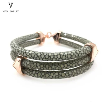

925 Silver Bracelet Men Bracelet Smoky Grey Stingray Leather Bracelet Fit Watch Christmas Gift For B-Boy Sterling Silver Jewelry