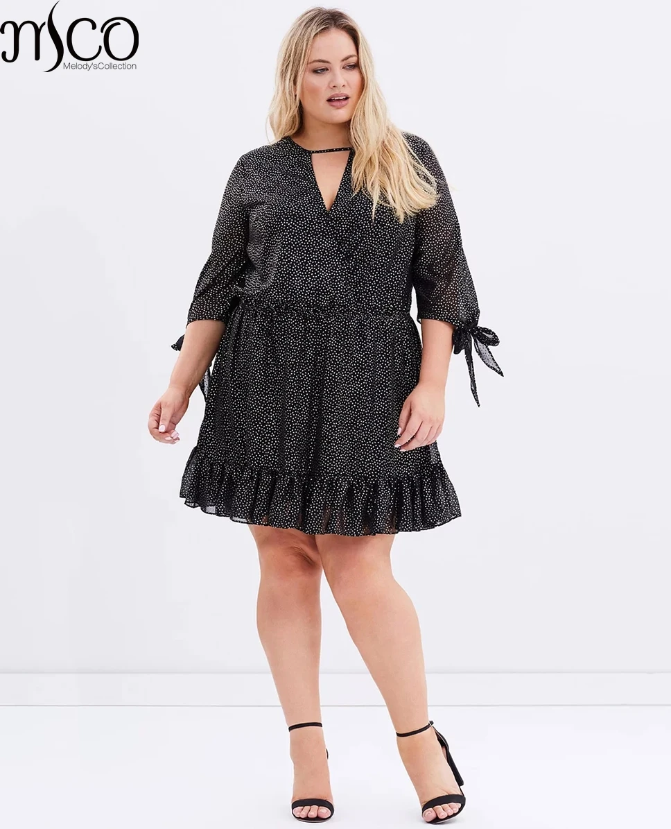 MCO Vintage Dot Plus Size Wrap Dress For Office Ladies Lace Up Sleeves