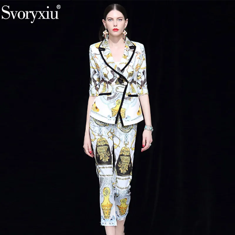 

Svoryxiu Fashion Designer Autumn Blazers Two Piece Set Women's 3/4 Sleeve Slim Coat + Ankle Length Pants Printed Career Set