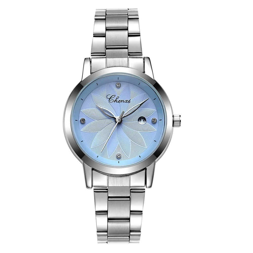 CHENXI, новинка, женские брендовые роскошные часы, часы с датой, женские кварцевые часы, женские наручные часы, женские часы с серебряным браслетом, наручные часы xfcs - Цвет: Light blue Dial