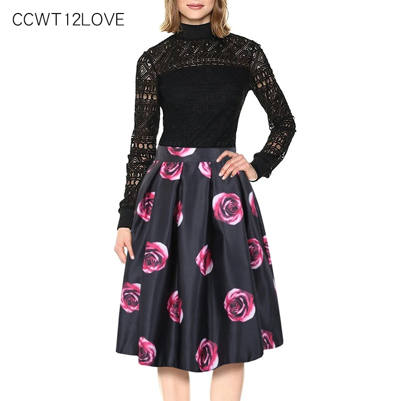 

2019 Tutu Skirt Women Satin Knee Length Summer Skirt Pleated Casual Ladies Floral Print Skirts High Waist Zipper Jupe Ball Gown