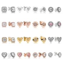 Оригинальные подлинные 925 пробы серебряные розовые золотые серьги-гвоздики в форме сердца CZ подходят Европе Логотип Шарм ювелирные изделия
