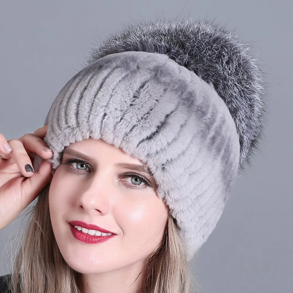 

Winter fur hat for women real rex rabbit fur hat with fox fur pom poms fur knitted beanies 2018 new fashion good quality caps