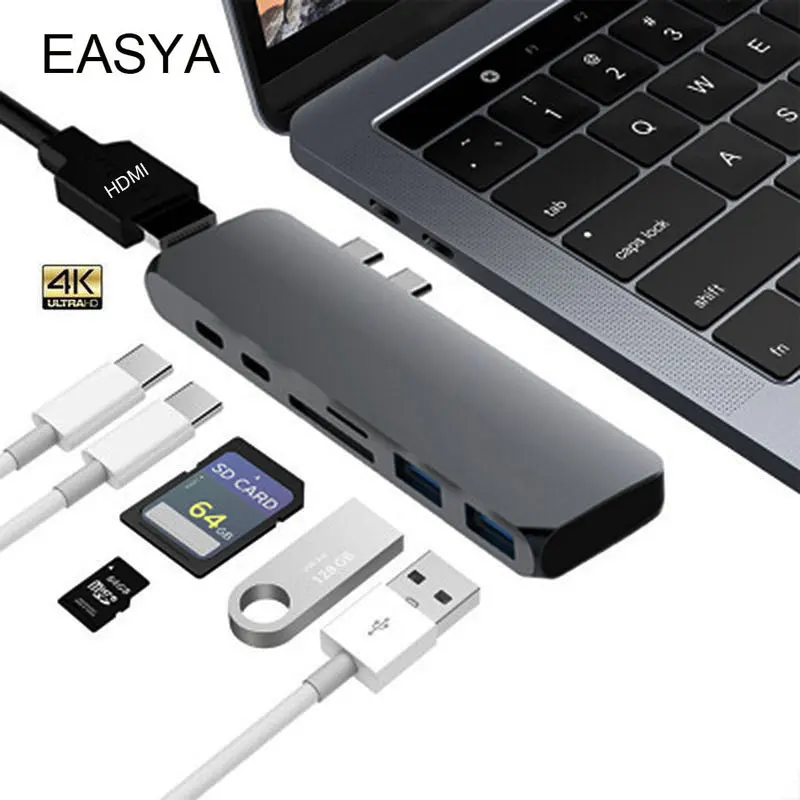 

EASYA Thunderbolt 3 Adapter USB C Hub to HDMI 4K Dual USB Type-C Dock with TF SD Slot PD HUB 3.0 for MacBook Pro USB-C 2017 2018