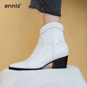 

ENNIS 2020 New Autumn Womens Boots Ankle Winter Shoes Genuine Leather Chunky White Boots Ladies Star Booties Fashion Black A9119