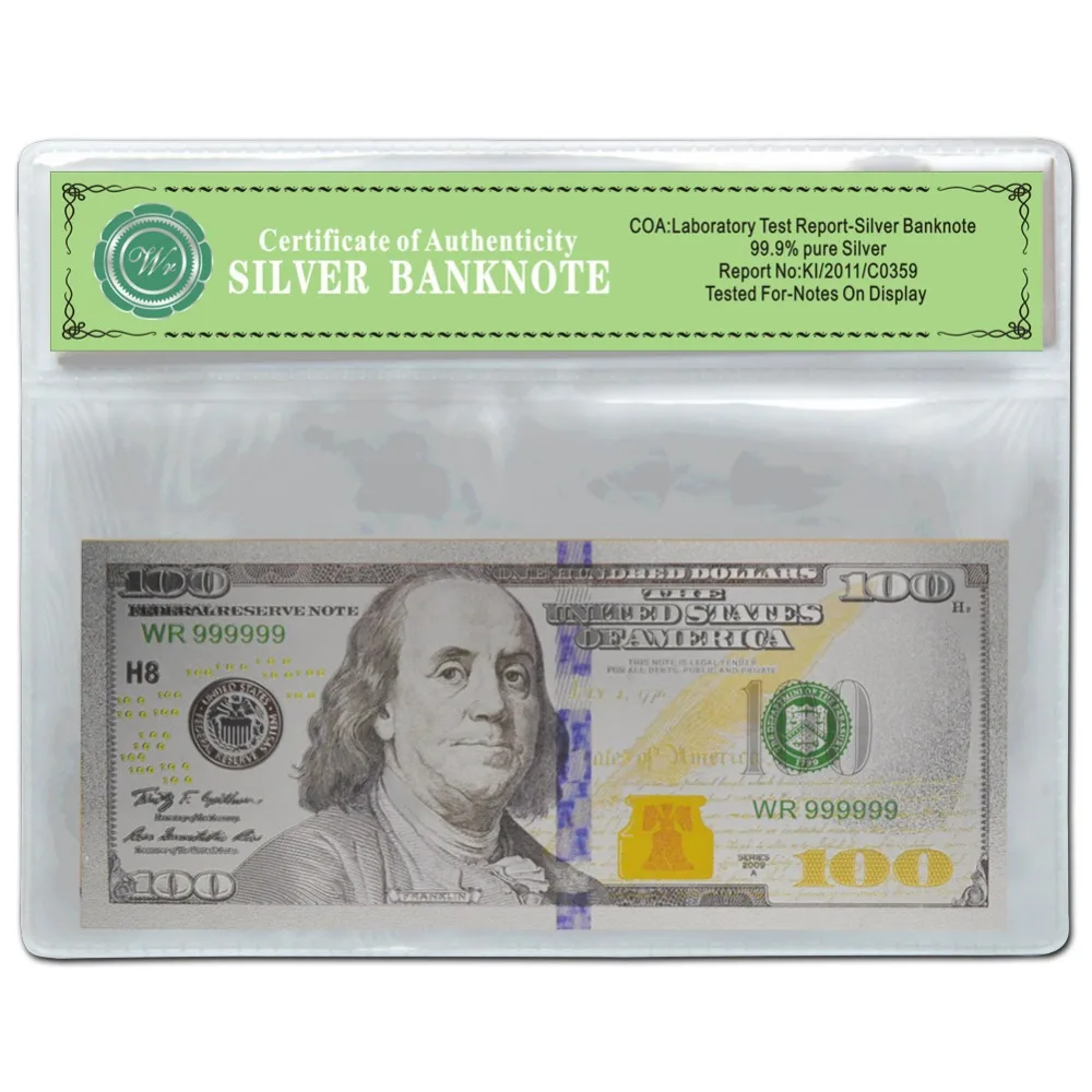 2011 год,$100, серебряные банкноты США, доллар, валюта мира, банкноты в ПВХ рамке