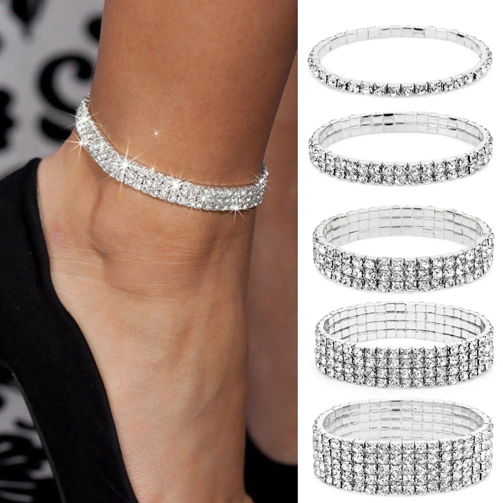 

Silver Stretchy 1/2/3/4/5 Rows Bracelet Anklet Ankle chain Diamante RhinestonesFoot JewelryCrystal Bracelet