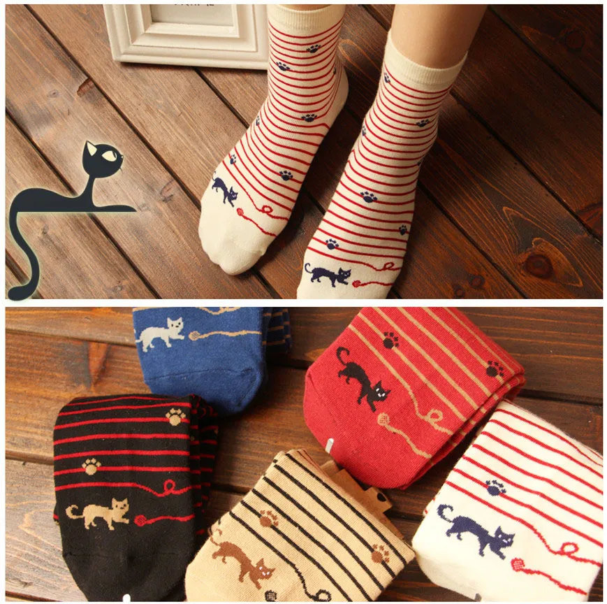 

2015 High Quality Female Cat Footprints 5Colors Striped Cartoon Socks Women Cotton Floor length sock for Lady girls
