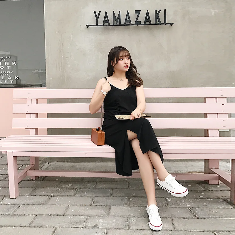 

2019 Spring and Summer New Large Size Women's High Waist V-neck Split Strap Dress