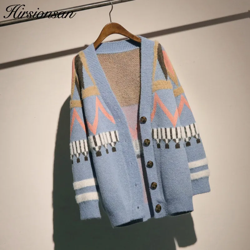 

Hirsionsan Cardigan Women 2019 Autumn Winter Knitting Printed Open Stitch Sweaters Casual Women Knitted Jackets Loose Cardigans
