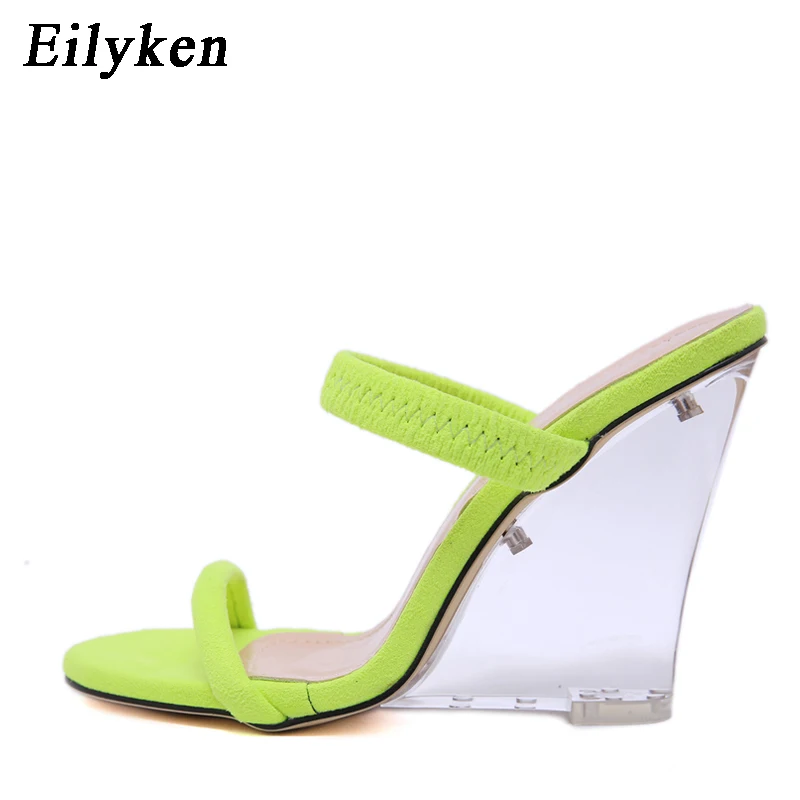 Eilyken; Новинка года; женские тапочки из эластичной ткани; босоножки; обувь с открытым носком; пикантные прозрачные модельные шлепанцы на танкетке со стразами - Цвет: Green