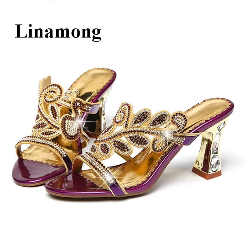 

2018 Fashion Newest Summer Crystal Flower Square Heel Sexy High Heel Women Slippers Oouside Normal Size Three Color