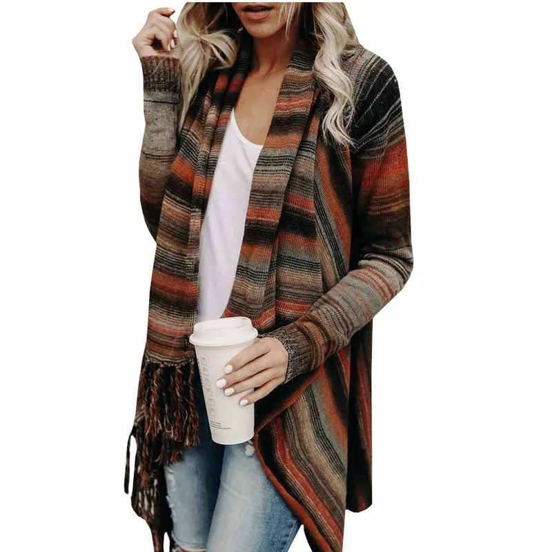 

NEW 2019 Autumn winter warm Singl Button Asymmetric Length thick striped long sleeve tassel fringe long cape coat Ponchos