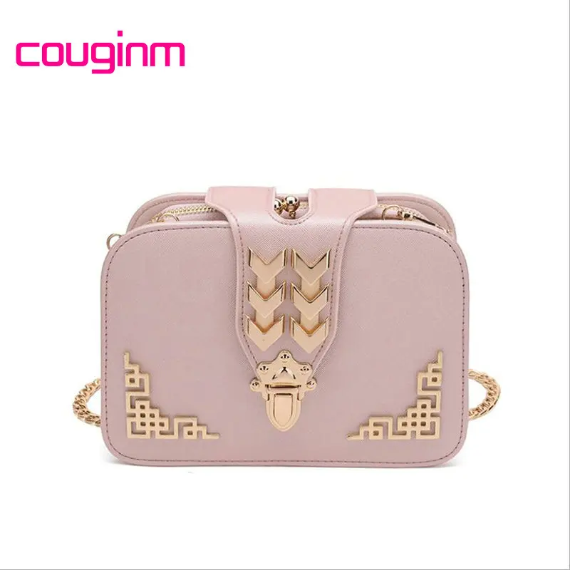 

COUGINM New Korean Women Version Exquisite Lock Lace Clip Bag PU Leather Chain Handbag Fashion Small Shoulder Flap Messenger Bag