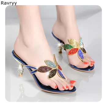 

Bling Bling Colorful crystal shoes summer Woman sandals slip-on blue flip flops rhinestone female single shoes party beach shoes