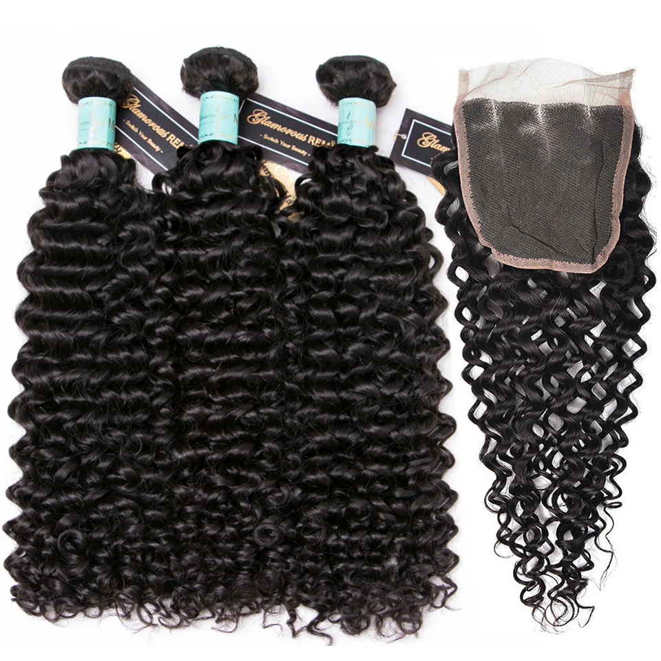 

Malaysian Jerry Curl Hair Weave Bundles with Closure 100% Remy Human Hair Extension with 4x4 Lace Closure 4 Ppeices Full Head